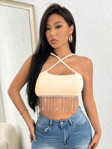 SHEIN Unity Summer Fashion Short Crop Top With Rhinestone Strap And Chain Detail Hem - Beige - View 5