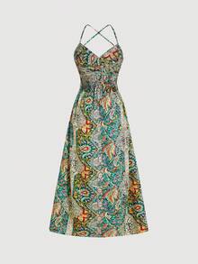 Breezaya 夏季假日風格 Paisley 印花交叉背貼身連身裙 - 綠色 - 查看 3