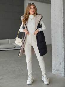 RueChic Zip Up Drawstring Hooded Puffer Vest Coat - Black - View 3