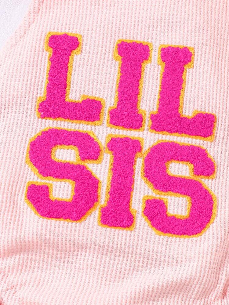 Baby Girls 2 Pieces Set, Pink Bodysuit With Red Letter Embroidery, Ruffle Trim, Elegant, Gorgeous, Cute, Suitable For Daily And Casual Wear In Summer