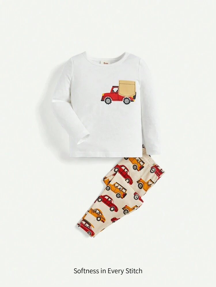 Baby Boy Snug-Fit Pajamas, High Elasticity And Comfortable, Cartoon Car Pattern, Long-Sleeve Top And Long Pants Set For Home-Wearing