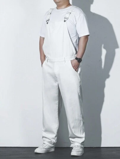 Manfinity Homme 男士加大尺碼純色牛仔工裝背帶褲，帶有斜口袋