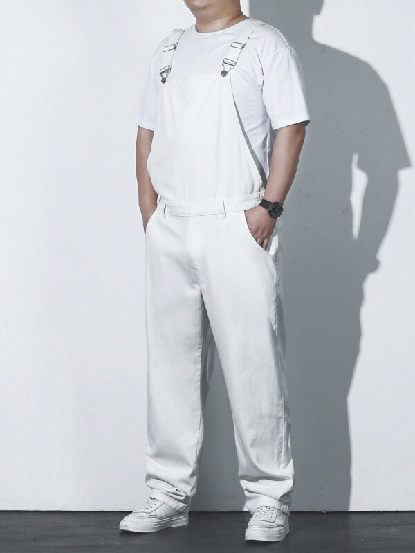 Manfinity Homme Men Plus Size Solid Color Denim Bib Overalls With Slanted Pockets