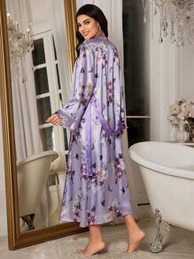 LuxeNights طقم بيجامة مكون من فستان كامي مطبوع بالزهور من الحرير الصناعي وروب مربوط بحزام، ملابس خريف وشتاء - ارجواني - مشاهدة 2