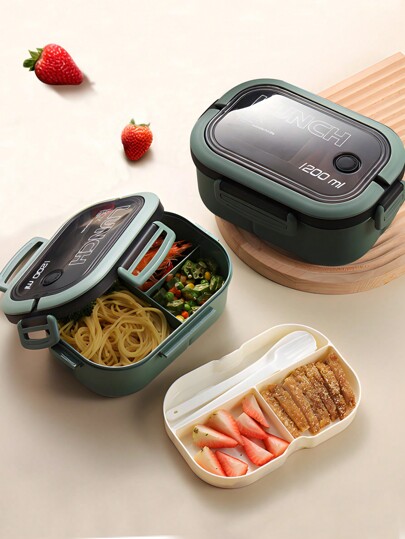 1pc Lunch Box,Bento Box For School,Double-Layer Compartment Lunch Box With Handle For Women & Men, Students,Set Of Utensil, Bento Lunch Box, Back To School, Microwavable, Food Container(Green), School Stuff, Christmas For Holiday Gift Giving