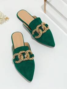 2025秋季优雅女士绿色毛绒穆勒半拖鞋，饰有圆形和大型金属扣，适合春夏穿着，穆勒鞋 - 軍綠色 - 查看 4