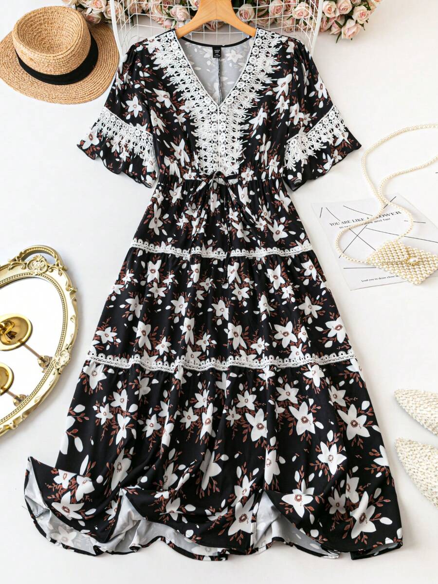 SHEIN Clasi Đầm Plus Size Nữ Cổ Chữ V Họa Tiết Hoa Thanh Lịch - màu đen - Xem 1