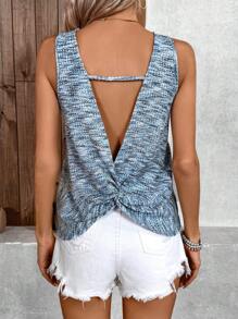 SHEIN LUNE V-Neck Twist Knot Backless Sleeveless Tank Top For Everyday Wear In Spring And Summer - Blue - View 3