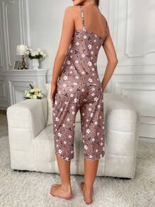 Flower Print Camisole And Shorts Pajama Set - Dusty Pink - View 2
