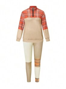 EMERY ROSE Plus Size Printed Spliced Casual Daily Long Sleeve Top And Pants Set