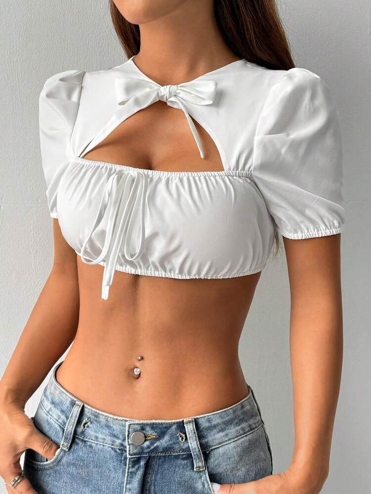 Bow Detail Bow Tie Lace-Up Hollow Out Ultra Short Fashion Top For Summer, Perfect For Music Festival