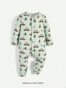 Cozy Pixies Infant Boys' Cartoon Car Pattern Small V-Neck Long Sleeve Jumpsuit - Green - View 1