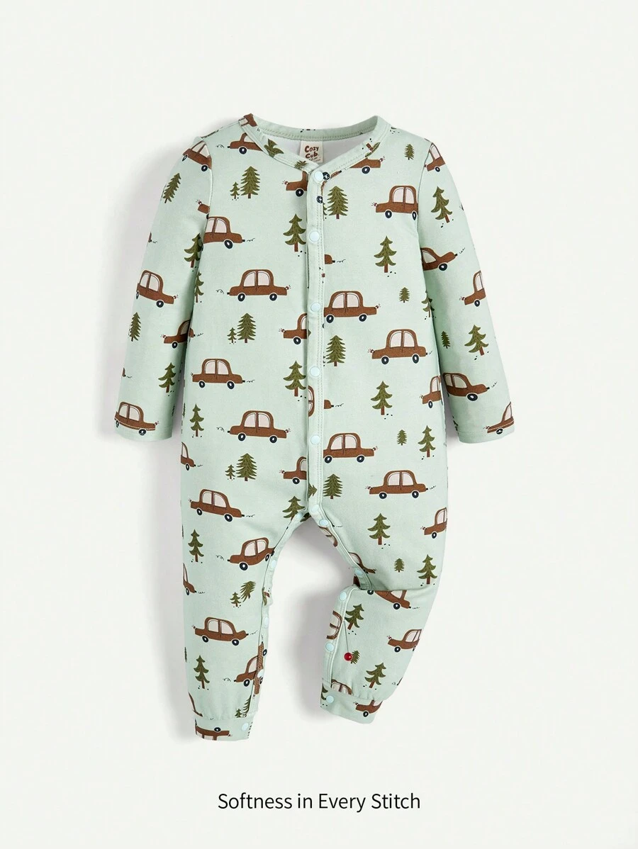 Cozy Pixies Infant Boys' Cartoon Car Pattern Small V-Neck Long Sleeve Jumpsuit - Green - View 1
