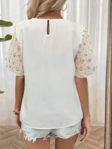 SHEIN LUNE 女士純色簡約網紗拼接圓領襯衫 - 白色 - 查看 2