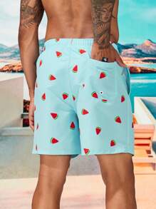 Manfinity Swimmode Bañador de hombre con estampado de sandía y cordón en la cintura, estilo hawaiano - Azul - Ver 2