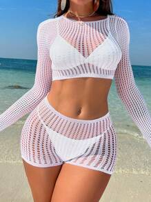 SHEIN Swim Summer Beach Ladies' Short Solid Color Round Neck Vacation Style Matching Long Sleeve Cover Up Top And Shorts Set