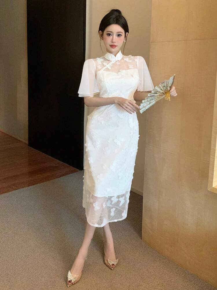 Women Mesh Splice Applique Short Sleeve Dress Sundress