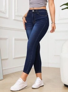 SHEIN PETITE Women Fashionable Water Washed Cat Whisker Slim Fit Jeans - Dark Wash - View 4