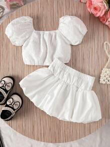 SHEIN Baby Girls' Simple White Short Sleeve Top And Skirt Set For Summer - White - View 2