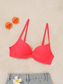 SHEIN Swim 夏季海灘純色褶皺度假細肩泳衣上衣 - 紅色 - 查看 3