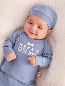 Cozy Pixies Newborn Baby Boy Slogan Graphic Tee & Footed Pants & Hat PJ Set - Dusty Blue - View 4