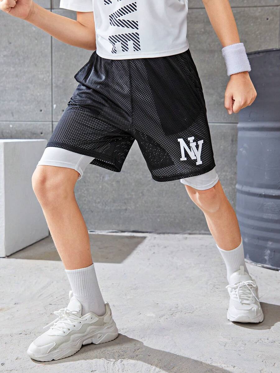 SHEIN 青少年男孩休闲运动拼色针织短裤，带字母印花二合一设计，采用网眼面料 - 彩色 - 查看 1