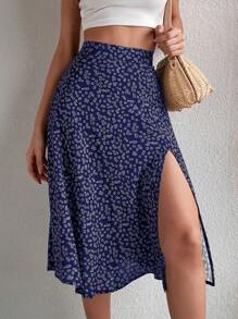 Breezaya 花卉印花側開衩休閒裙 - 寶藍色 - 查看 3