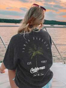 Áo thun nữ hở vai in chữ và hình cây dừa - Màu xám đen - Xem 1