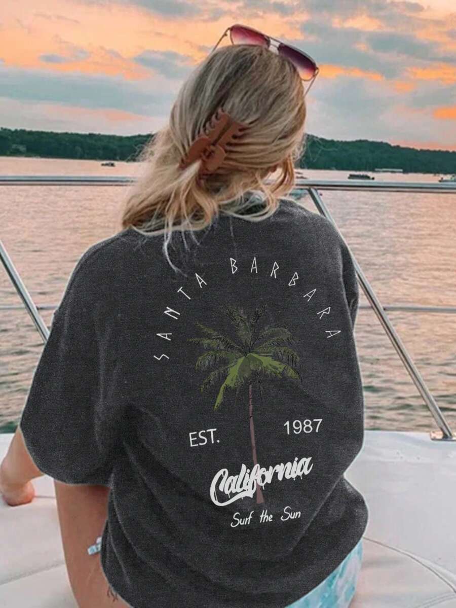 Áo thun nữ hở vai in chữ và hình cây dừa - Màu xám đen - Xem 1