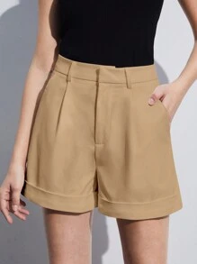 BizChic 女士纯色卷边短裤，适合日常穿着，城市通勤，简约优雅时尚，适合教师、商务休闲、办公室穿着，秋季 - 杏色 - 查看 1