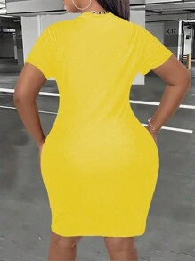 Maweii Plus Size Nữ Váy cổ tròn in hình đơn giản - Màu vàng - Xem 2