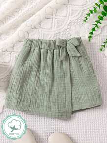 SHEIN Kỳ nghỉ xuân hè của cô gái trẻ Váy quấn màu trơn phong cách Pháp có thiết kế nơ - màu xanh lá - Xem 1