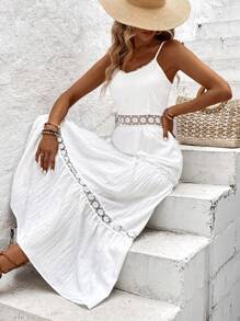 Chiquease Women Summer Solid Color Splice Lace Cami Dress - White - View 5