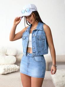 SHEIN EZwear Damska kamizelka dżinsowa na co dzień zapinana na guziki - Średni jeans - Zobacz 4