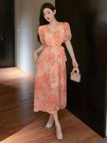 DAZY 印花V领短袖收腰女式连衣裙，生日、新年夏季连衣裙，休闲女装，舞会礼服，优雅女装 - 彩色 - 查看 2