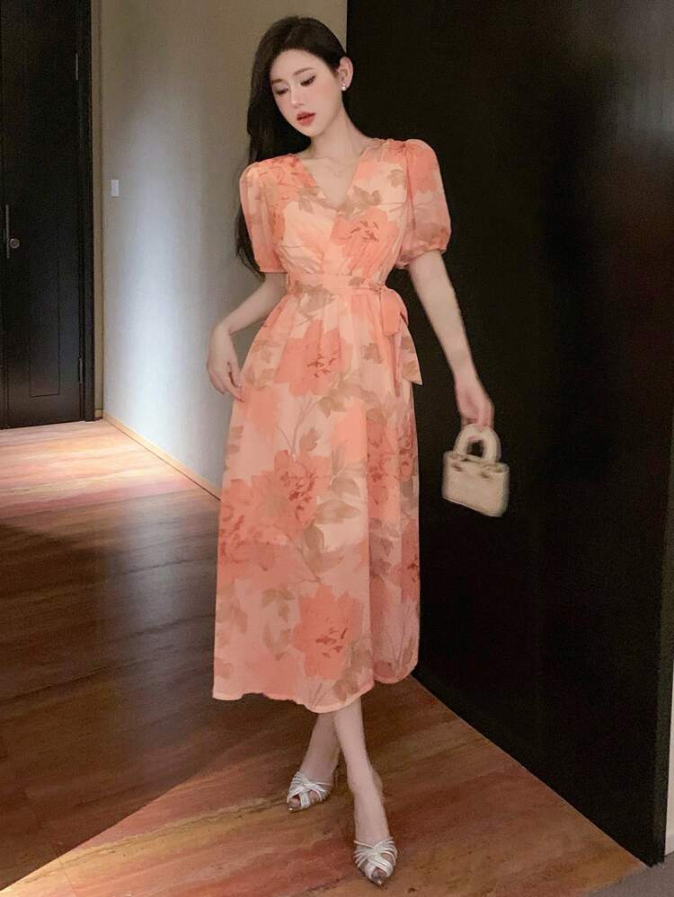Floral Print V-Neck Short Sleeve Cinched Waist Women Dress, Birthday ,New Year Eve Summer Sundress,Casual Women Dresses Prom Dress Elegant Women Dresses Easter