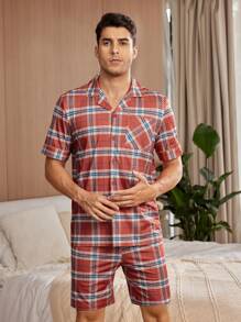 Conjunto de ropa casual de verano para hombres con camisa de manga corta de cuadros y pantalones cortos con cierre de boton único - Rojo - Ver 6