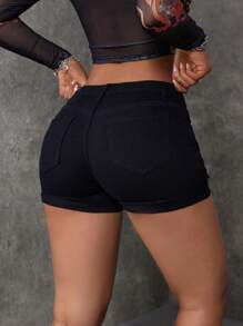 SHEIN ICON Pantalones cortos de mezclilla rasgados de ajuste delgado de unicolor para el verano
