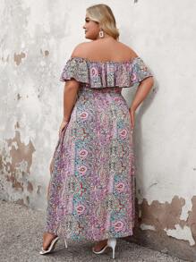 SHEIN LUNE Vestido de hombros descubiertos con dobladillo con volantes para mujer de talla grande con estampado aleatorio - Morado - Ver 2