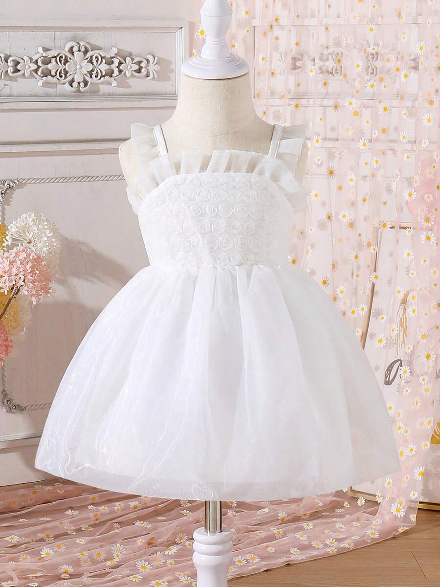 Vestido de tul elegante con aplicaciones de flores 3D para bebé niña - Blanco - Ver 1