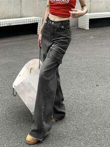 女士休闲宽松工装牛仔裤 - 深灰色 - 查看 5