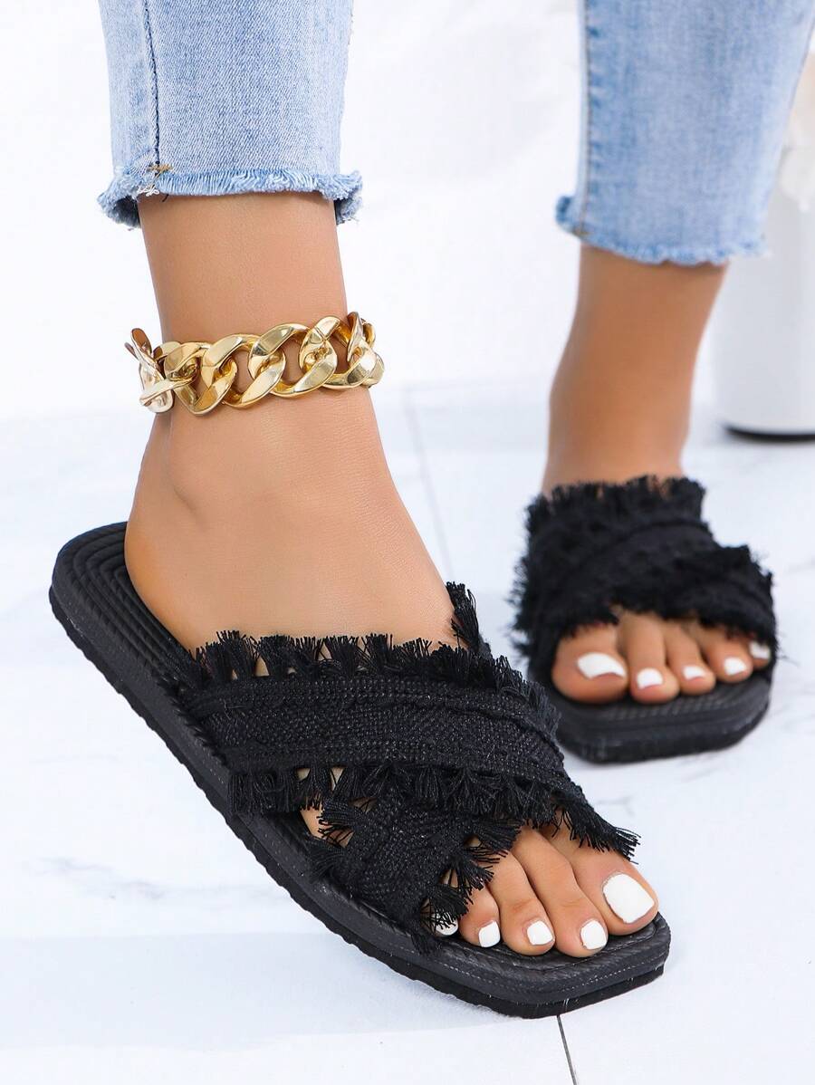 Summer Beach Vacation Leisure Women Slippers, Fashionable And Comfortable Crossed Black Flat Sandals - Black - View 1