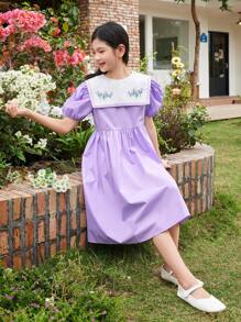 SHEIN Tween Girl Loose Casual Color-Block Embroidered Big Lapel Puff Sleeve Dress