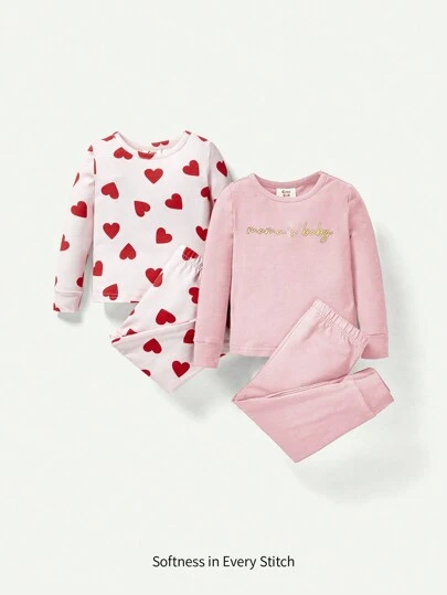 Cozy Pixies Baby Girl Snug Fit Pajama Set With Round Neck, Long Sleeve, Heart Patterned Top And Long Pants, 4pcs/Set Matching Set