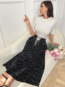 Modelyn Women Waist Tied Polka Dot Printed Skirt, Simple & Elegant - Black - View 4