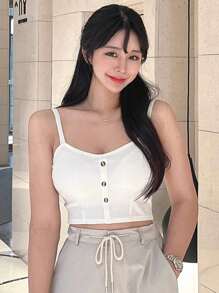 DAZY Button Decoration Padded Crop Top Camisole For Four Seasons - White - View 3