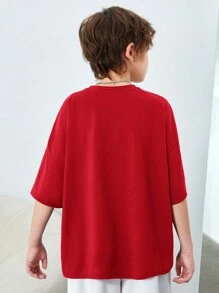 SHEIN Áo thun dệt kim ngắn tay dáng rộng thường ngày dành cho bé trai Tween có chi tiết in chữ và đường viền cổ tròn - Đỏ - Xem 2