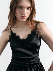 Maija Elegant Women Summer Solid Color Contrast Lace Ruched Halter Top With Asymmetrical Hem And Cinched Waists - Black - View 5