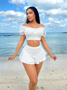 SHEIN SXY Conjunto de 2 piezas de vacaciones de verano con volantes y mangas estilo princesa, blanco, para playa