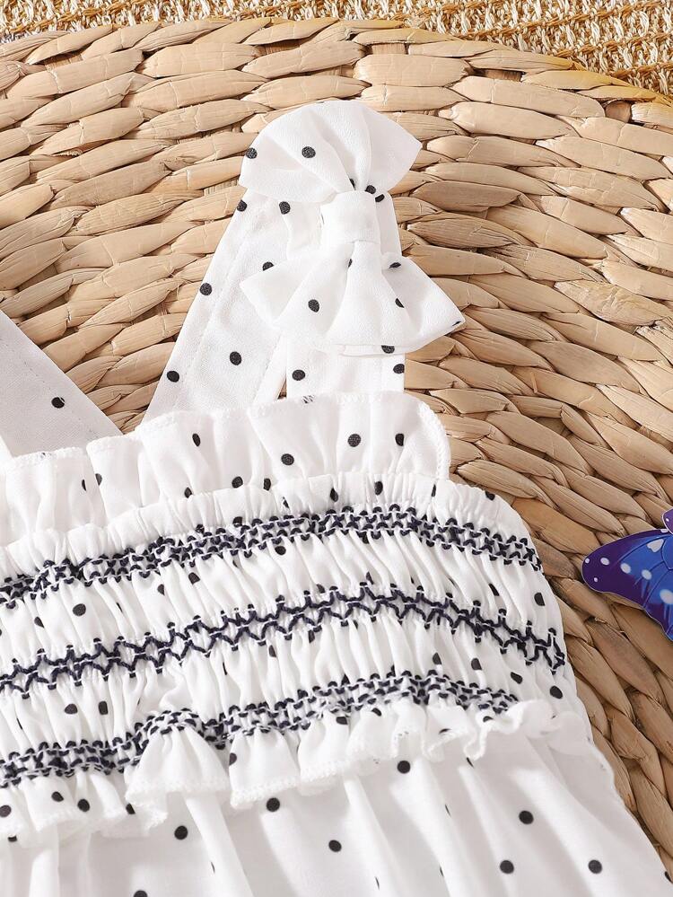 Baby Girls Polka Dot Bodysuit With Bowknot, Ruffled Trim, Decorative Buttons, Comfortable And Soft Materials, Suitable For Spring And Summer